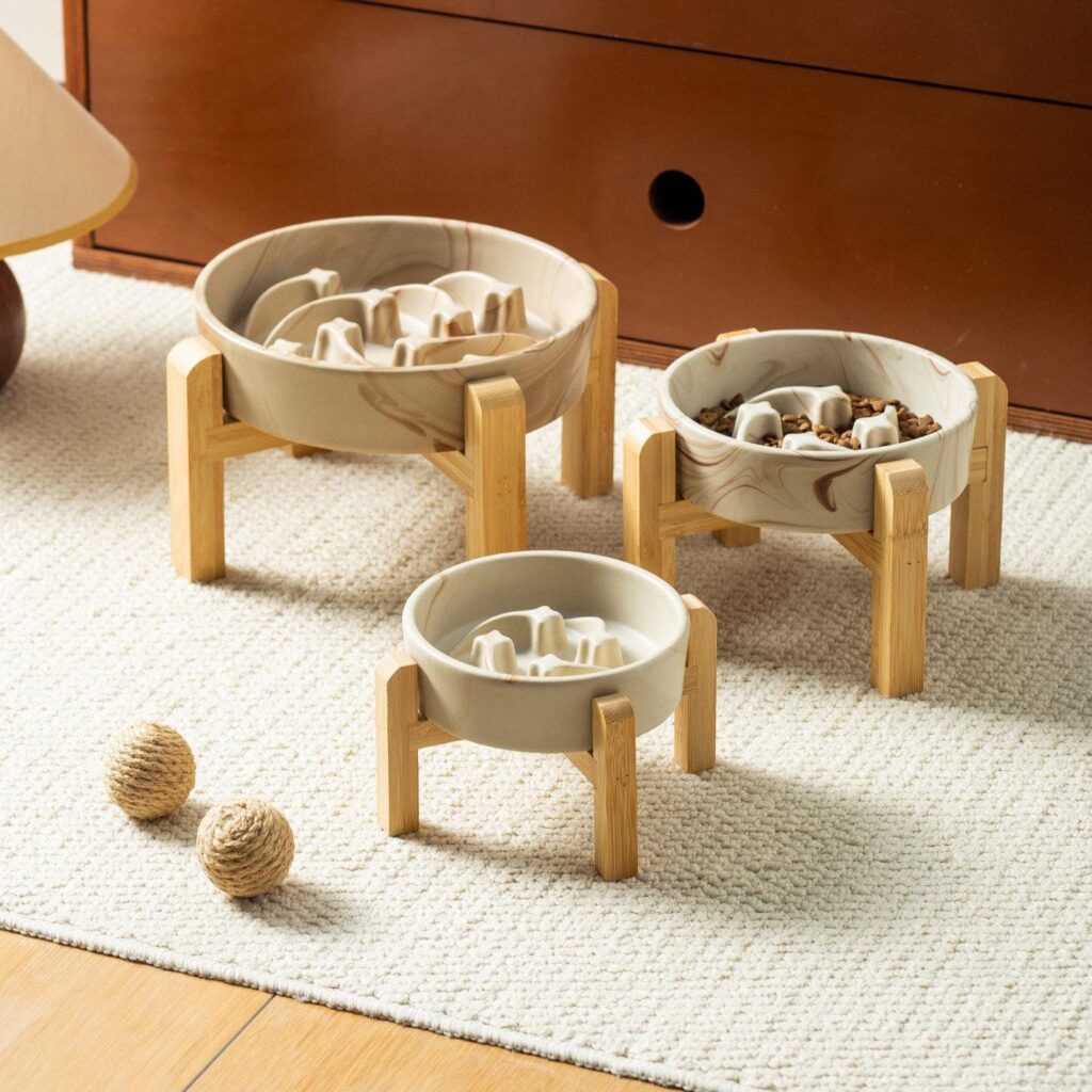 Marble-Pattern Slow Feeder Bowl for Dogs & Cats – Optional Raised Bamboo Stand