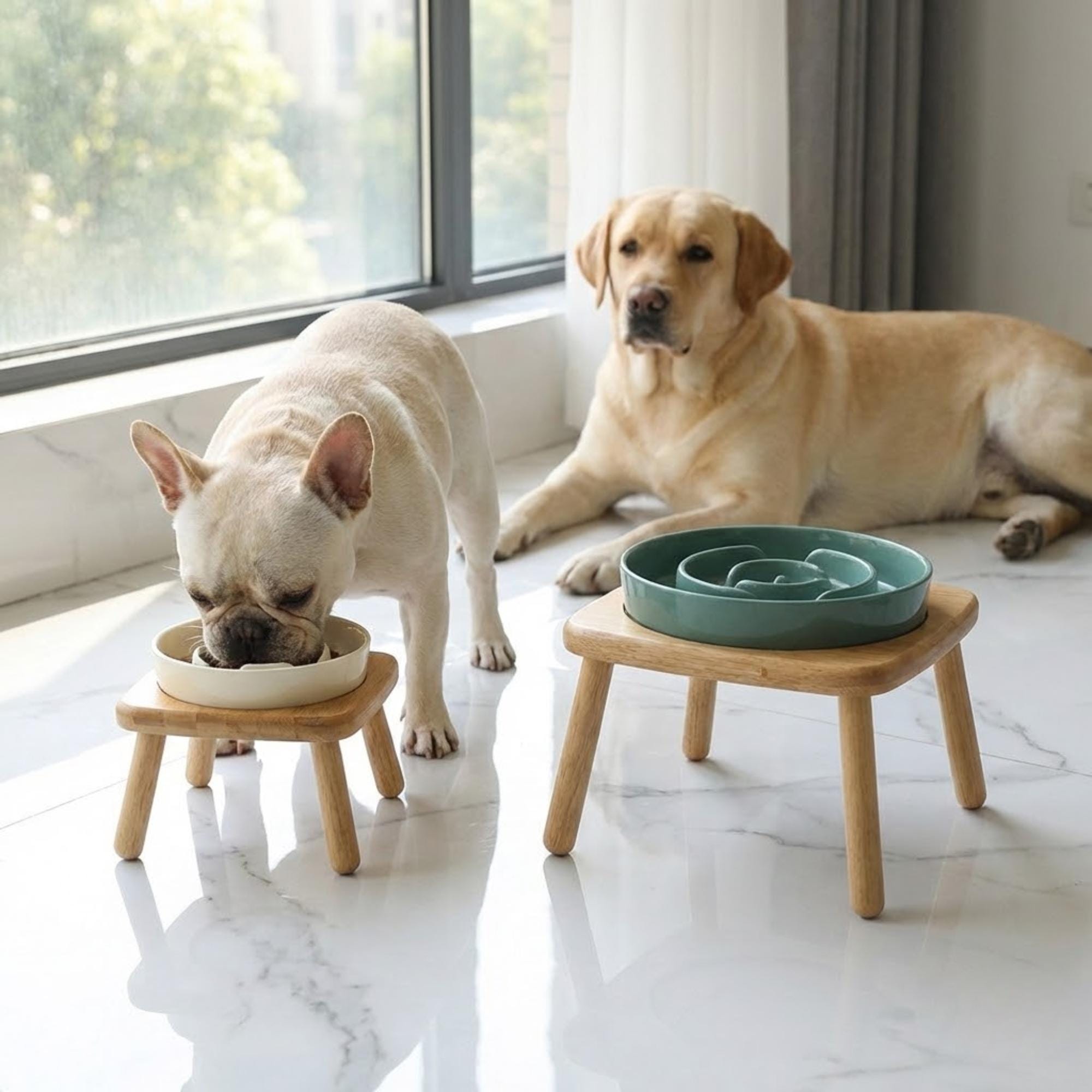 Elevated Ceramic Slow Feeder Dog Bowl with Anti-Slip Bamboo Stand - For Large Breeds - Image 2