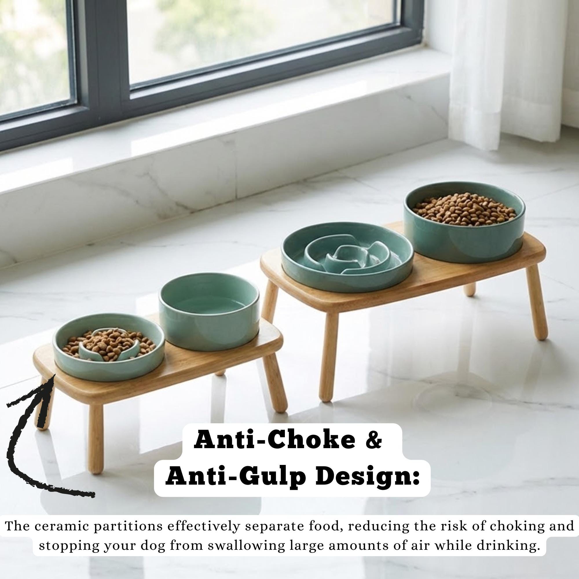 Elevated Ceramic Slow Feeder Dog Bowl with Anti-Slip Bamboo Stand - For Large Breeds - Image 3