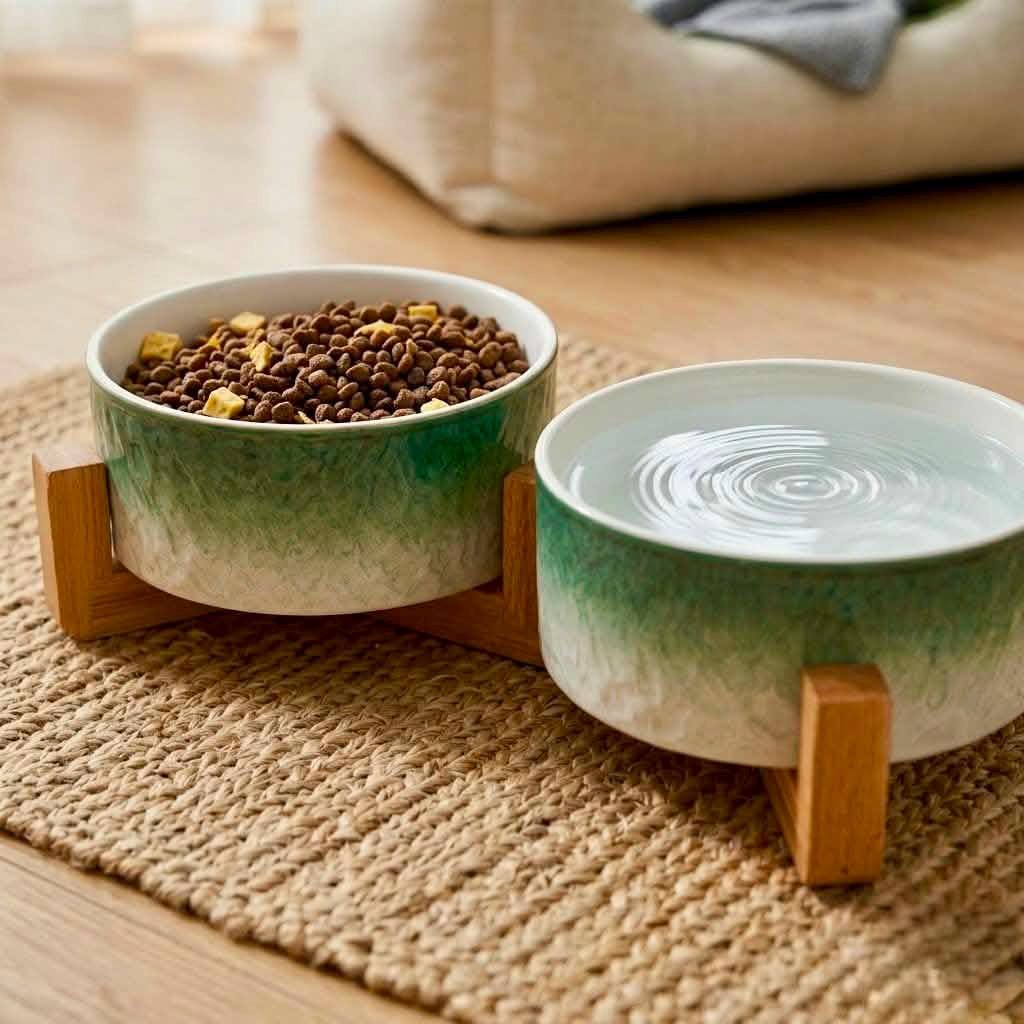 Ceramic Pet Bowl with Wooden Stand, Raised Cat Dog Feeder, Ombre Glaze Colors - Image 3