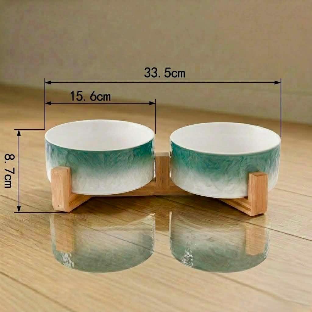 Ceramic Pet Bowl with Wooden Stand, Raised Cat Dog Feeder, Ombre Glaze Colors - Image 9
