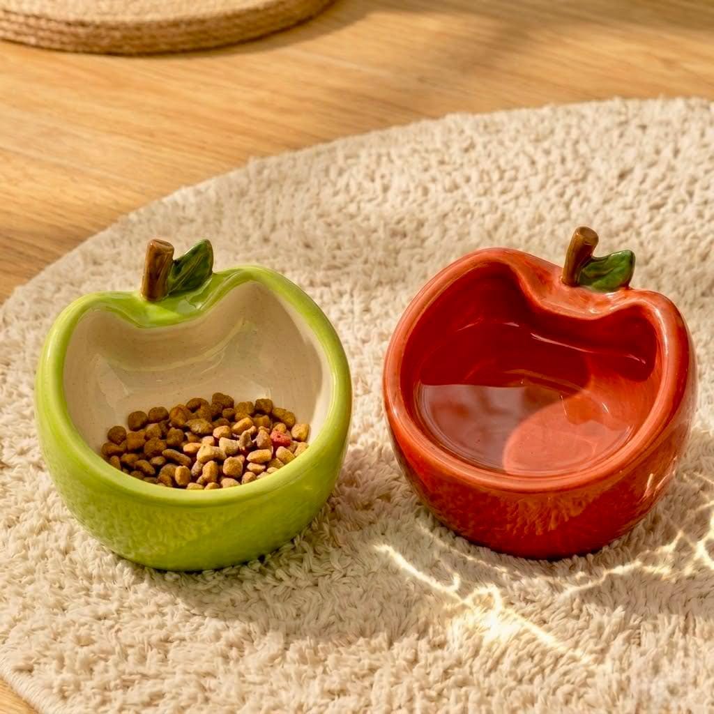 Charming Apple Ceramic Cat Ear Bowl, Pet Food Water Dish, Cat Lover Gift