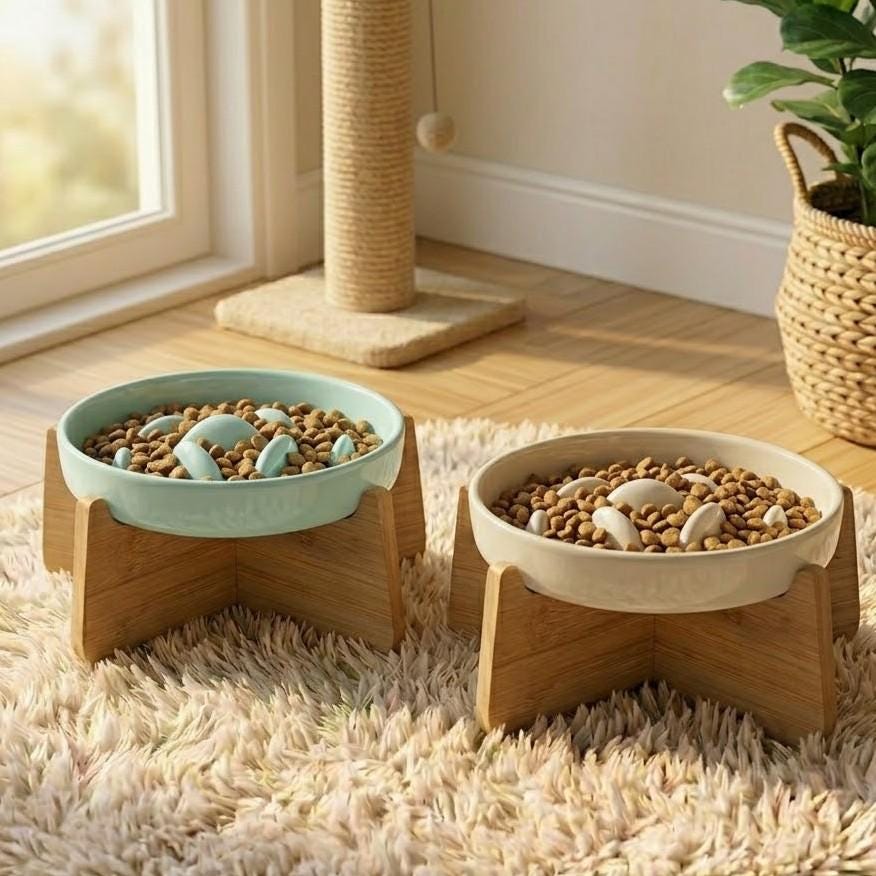 Ceramic Slow Feeder Pet Bowl with Bamboo Stand Elevated Modern Dog Cat Dish