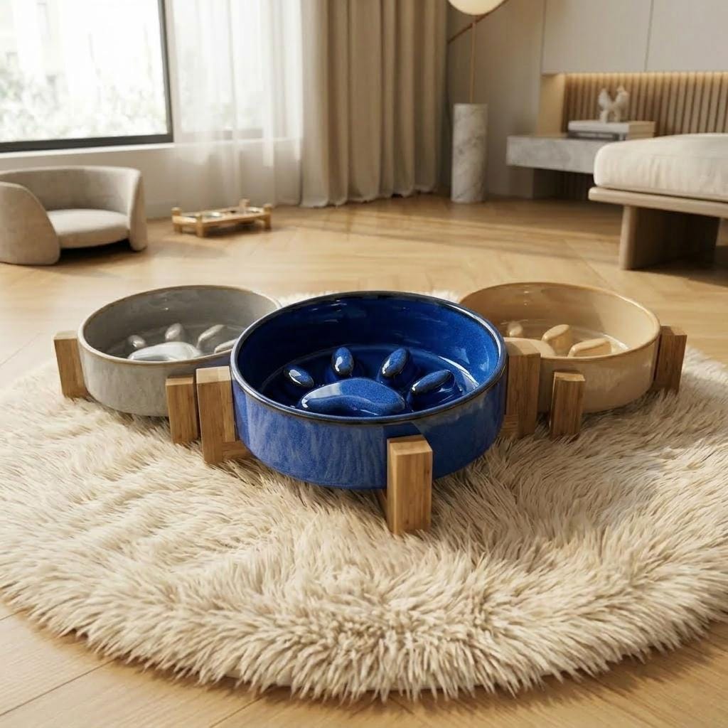 Ceramic Slow Feeder Cat Bowl with Acacia Wood Stand, Elevated Anti-Gulping Pet Dish