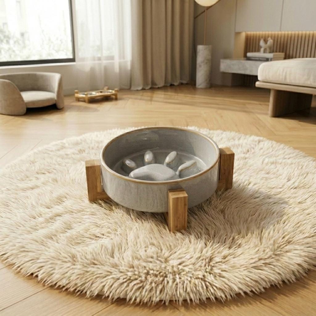 Ceramic Slow Feeder Cat Bowl with Acacia Wood Stand, Elevated Anti-Gulping Pet Dish - Image 3