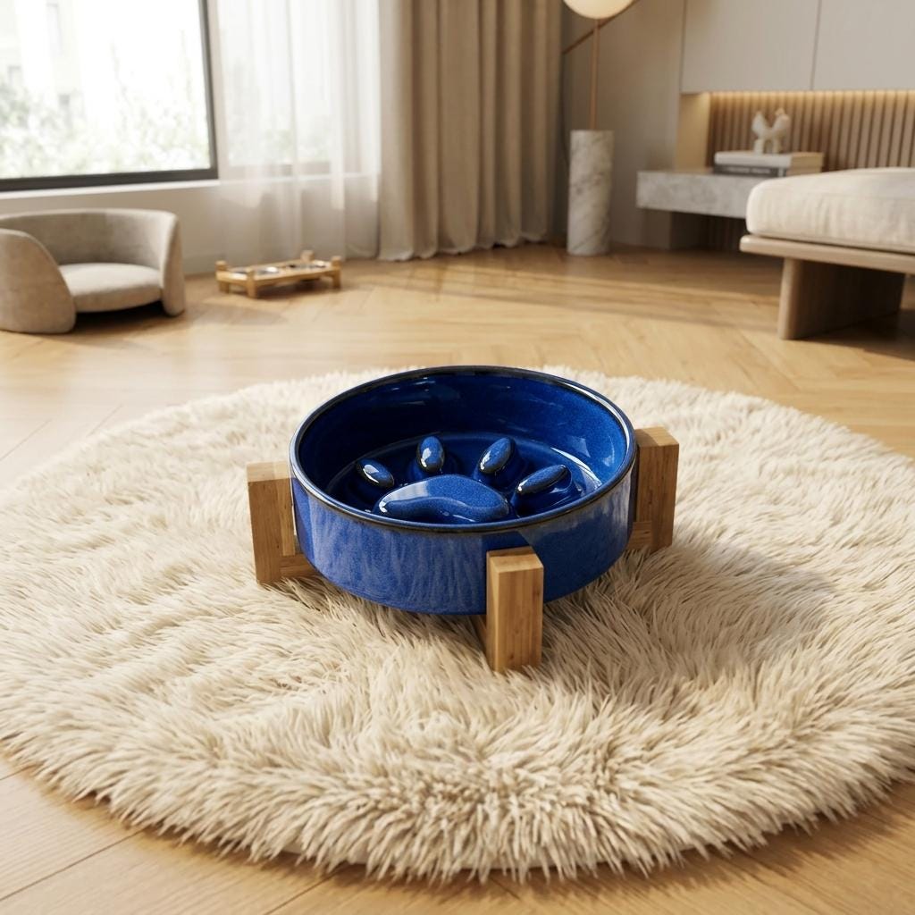 Ceramic Slow Feeder Cat Bowl with Acacia Wood Stand, Elevated Anti-Gulping Pet Dish - Image 5