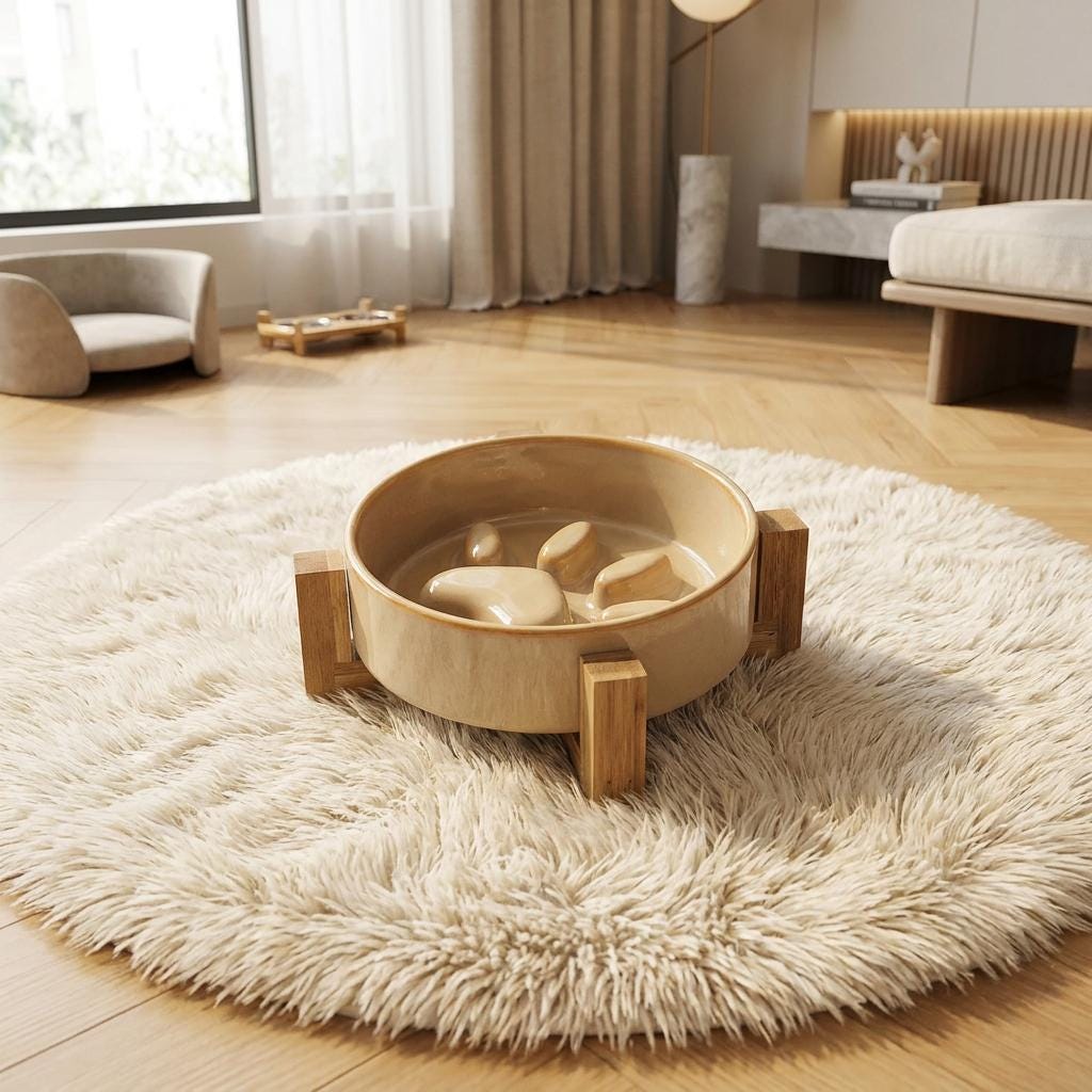 Ceramic Slow Feeder Cat Bowl with Acacia Wood Stand, Elevated Anti-Gulping Pet Dish - Image 4