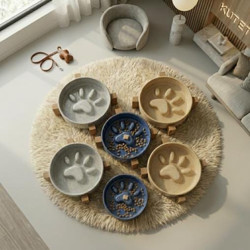 Ceramic Slow Feeder Cat Bowl with Acacia Wood Stand, Elevated Anti-Gulping Pet Dish - Image 10