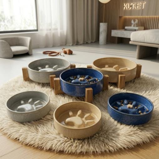Ceramic Slow Feeder Cat Bowl with Acacia Wood Stand, Elevated Anti-Gulping Pet Dish - Image 7