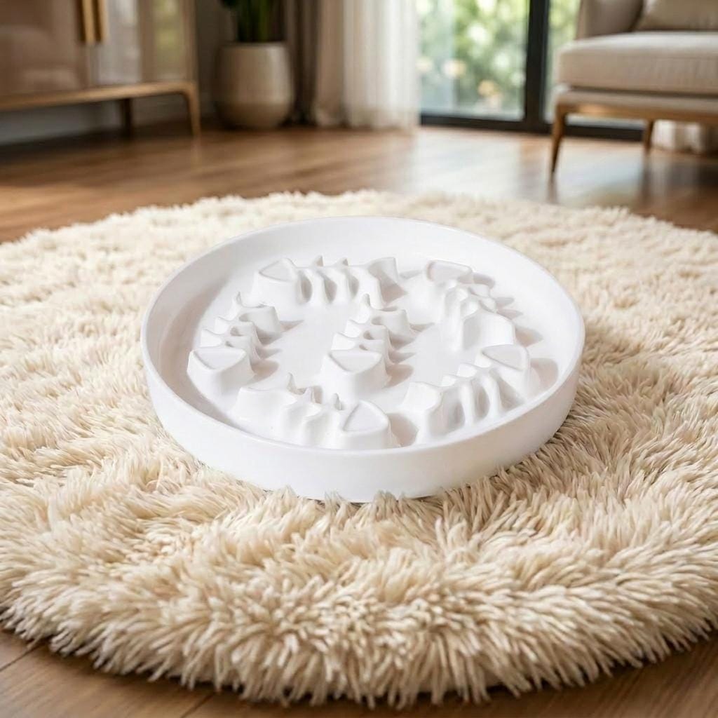 Ceramic Slow Feeder Pet Bowl, Fish Bone Pattern, Optional Wooden Stand - Image 4