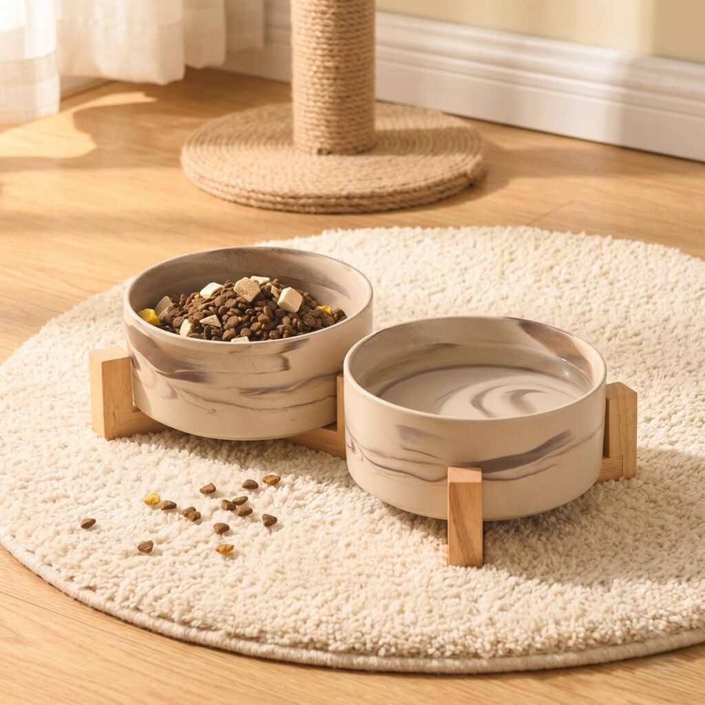Modern Ceramic Marble Pet Bowl Set with Bamboo Stand, Elevated Cat Dog Feeder