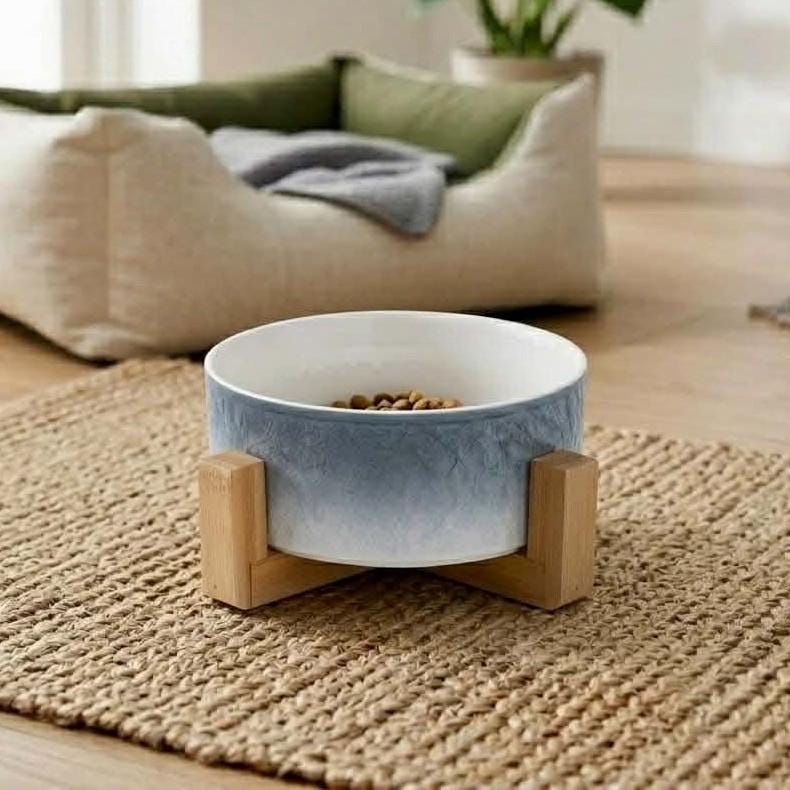 Ceramic Pet Bowl with Wooden Stand, Raised Cat Dog Feeder, Ombre Glaze Colors - Image 5