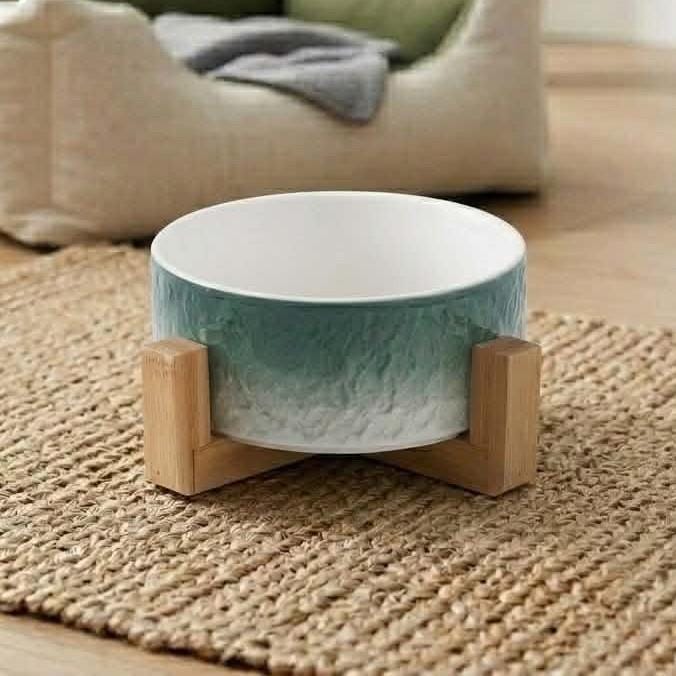Ceramic Pet Bowl with Wooden Stand, Raised Cat Dog Feeder, Ombre Glaze Colors - Image 6