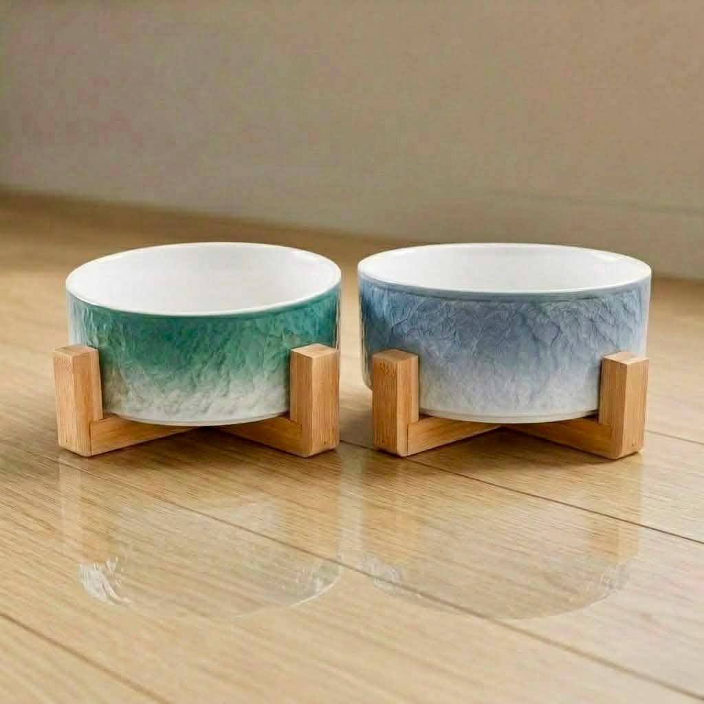 Ceramic Pet Bowl with Wooden Stand, Raised Cat Dog Feeder, Ombre Glaze Colors - Image 4