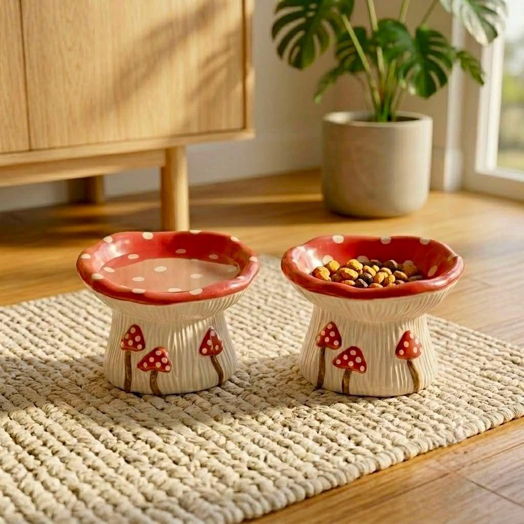 Adorable Mushroom Elevated Slow Feeder Bowl, Ceramic Raised Feeding Bowl, Modern Pet Dish