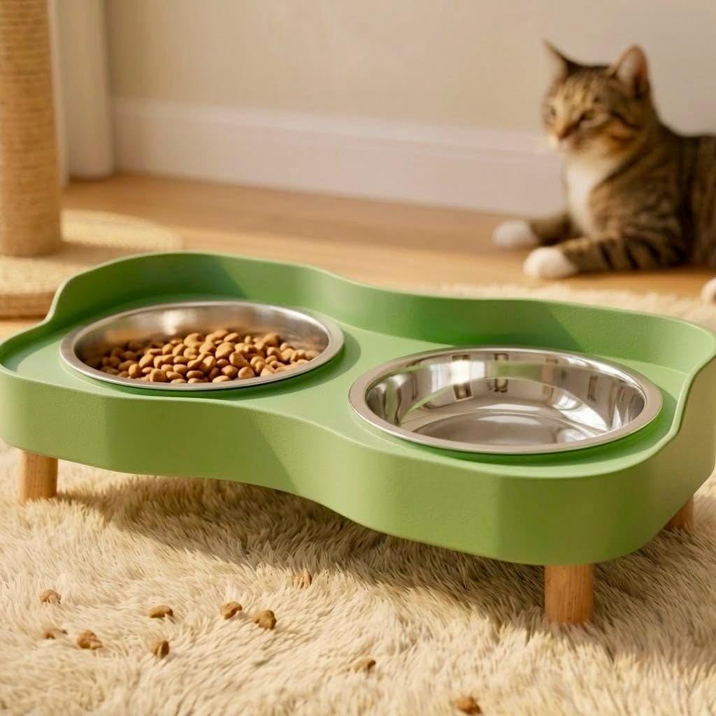 Elevated Double Cat Bowl Set Stainless Steel Pet Feeder, Modern Minimalist Design