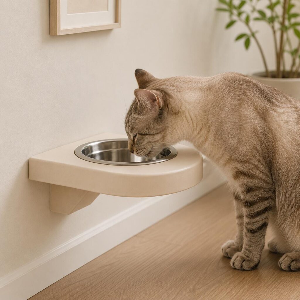 Wall Mounted Cat Feeder Shelf with Bowl, Modern Cat Feeding Station, Elevated Cat Bowl Shelf, Minimalist Pet Bowl Holder