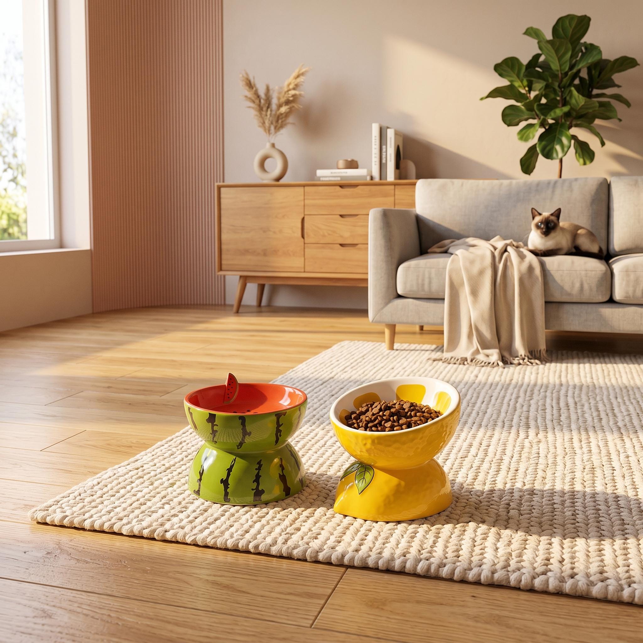 Ceramic Fruit Pet Bowl Set Elevated Watermelon, Orange, Strawberry Designs - Image 2