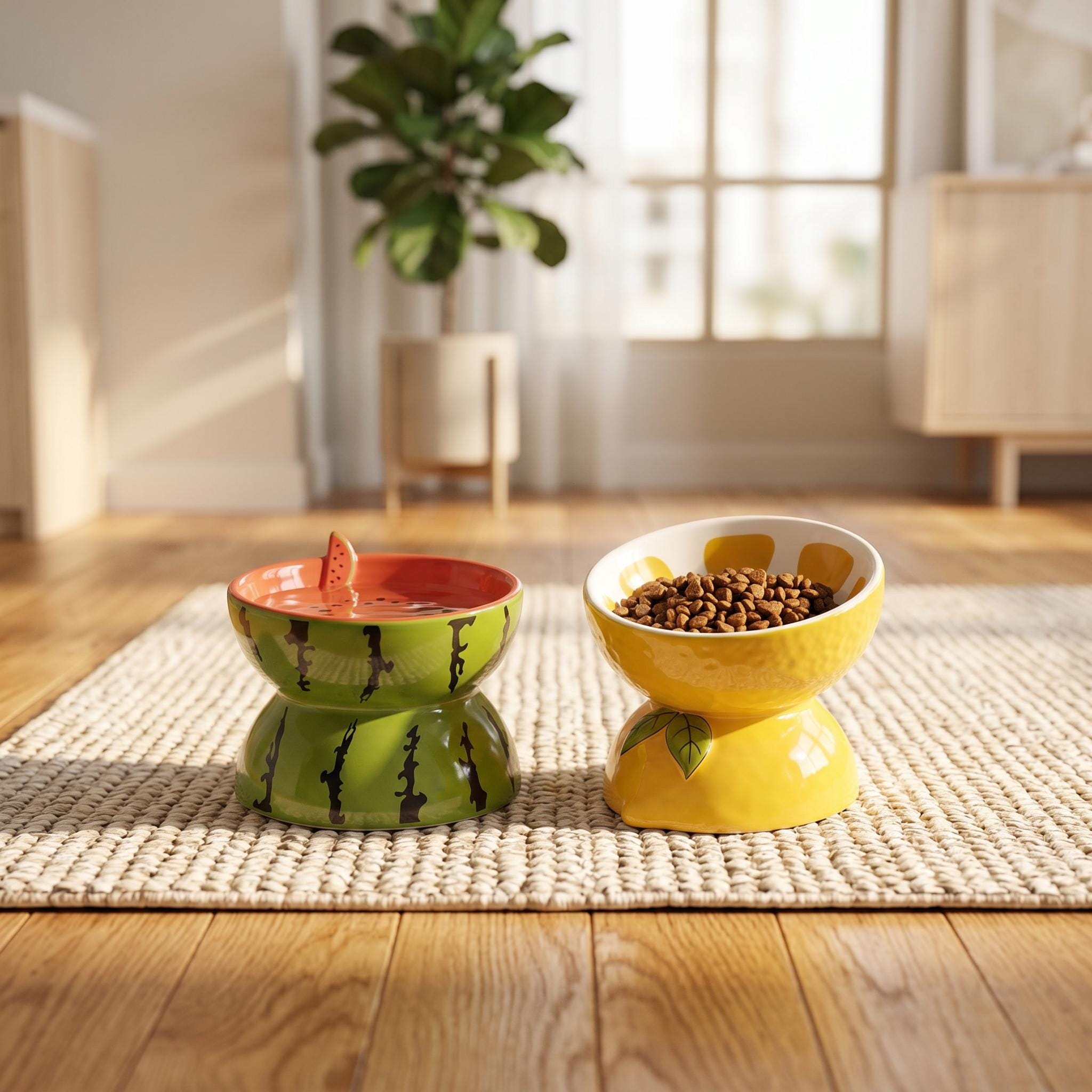 Ceramic Fruit Pet Bowl Set Elevated Watermelon, Orange, Strawberry Designs - Image 4