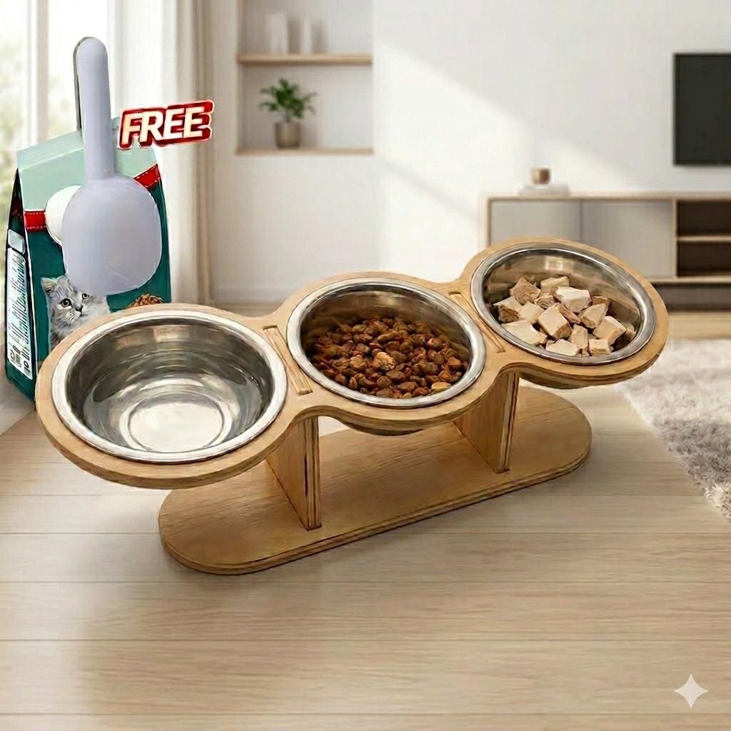 Elevated Triple Cat Bowl with Wooden Stand |3 Stainless Steel Bowls