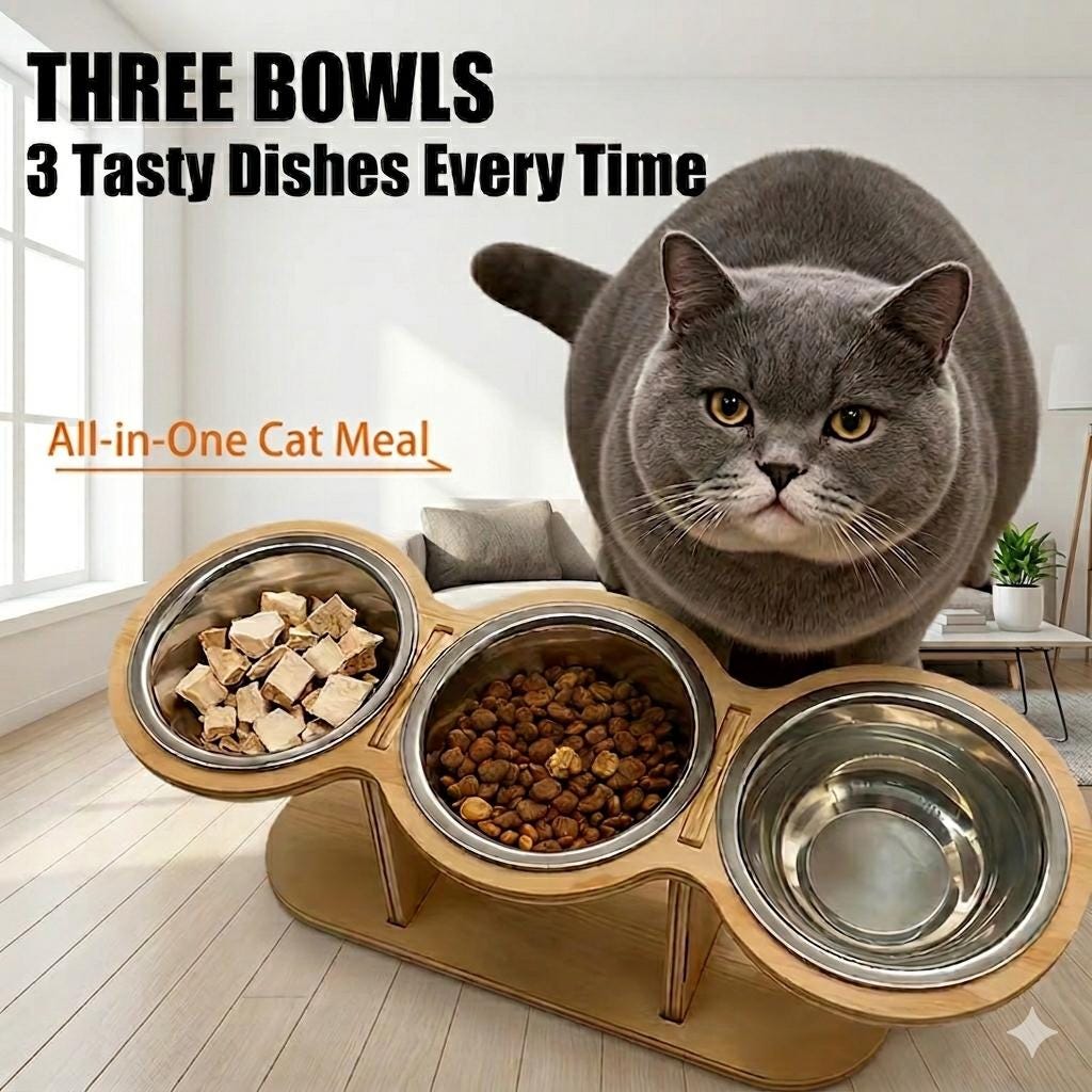 Elevated Triple Cat Bowl with Wooden Stand |3 Stainless Steel Bowls - Image 7