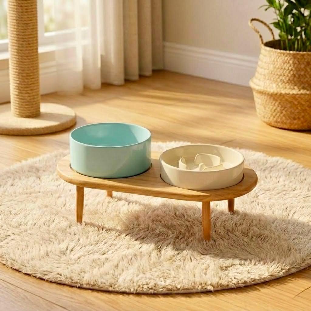 Ceramic Cat Dog Slow Feeder Bowl, Elevated Pet Feeding Station, Anti Choking Dish
