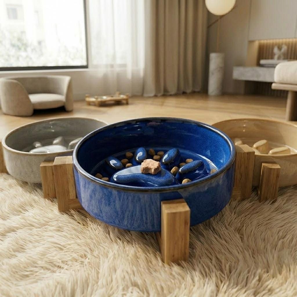 Ceramic Slow Feeder Cat Bowl with Acacia Wood Stand, Elevated Anti-Gulping Pet Dish - Image 2