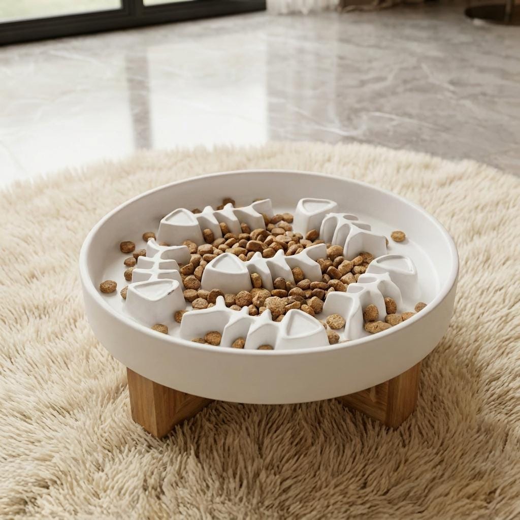 Ceramic Slow Feeder Pet Bowl, Fish Bone Pattern, Optional Wooden Stand