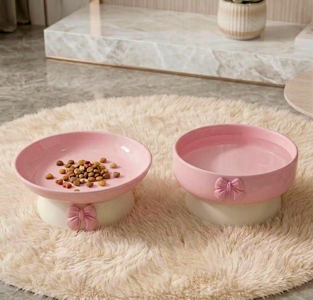 Ceramic Pet Bowl with Bow Accent, Pastel Cat Food Water Dish