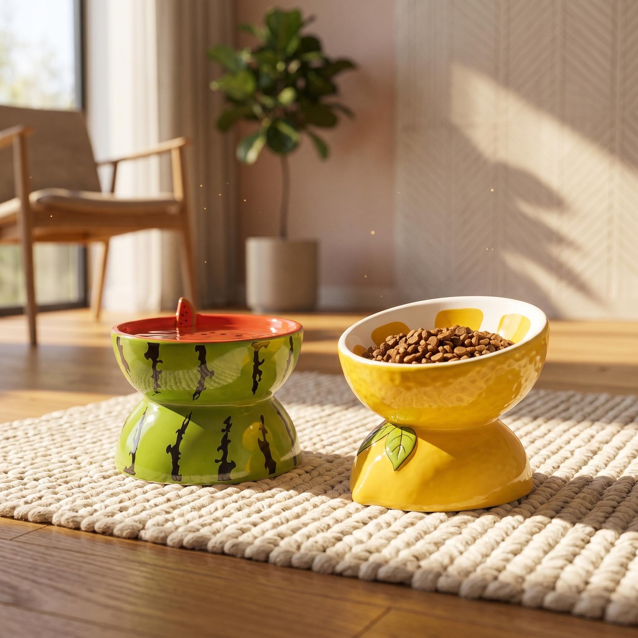 Ceramic Fruit Pet Bowl Set Elevated Watermelon, Orange, Strawberry Designs - Image 3
