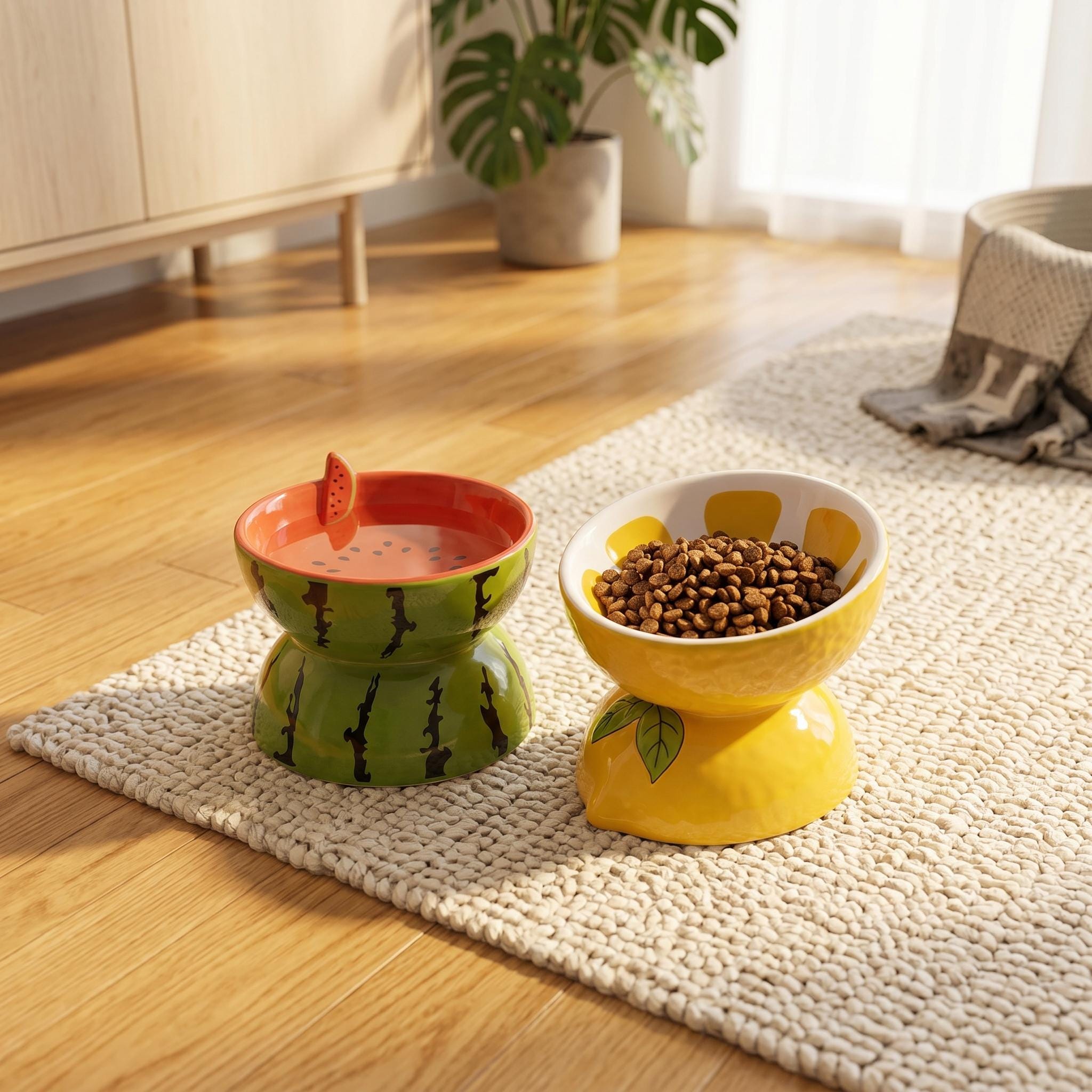 Ceramic Fruit Pet Bowl Set Elevated Watermelon, Orange, Strawberry Designs - Image 5