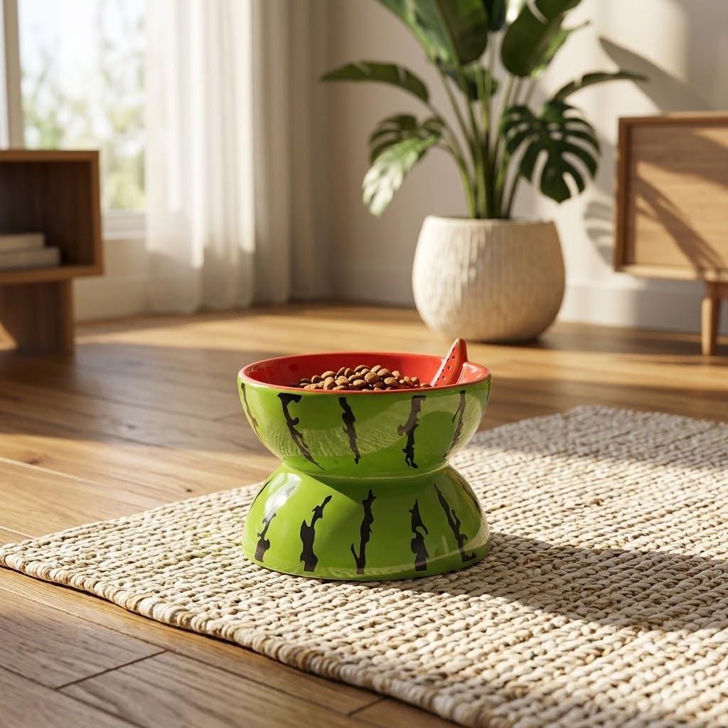 Ceramic Fruit Pet Bowl Set Elevated Watermelon, Orange, Strawberry Designs - Image 7