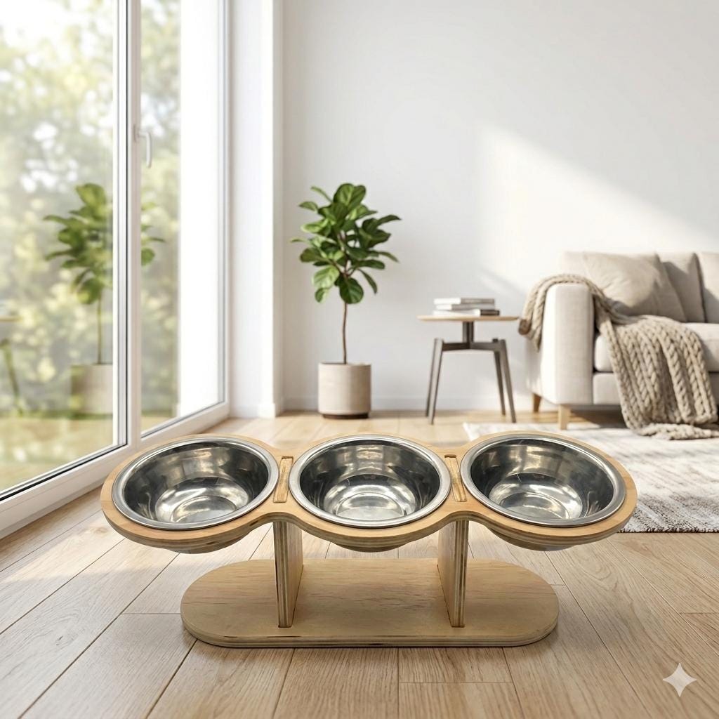 Elevated Triple Cat Bowl with Wooden Stand |3 Stainless Steel Bowls - Image 3