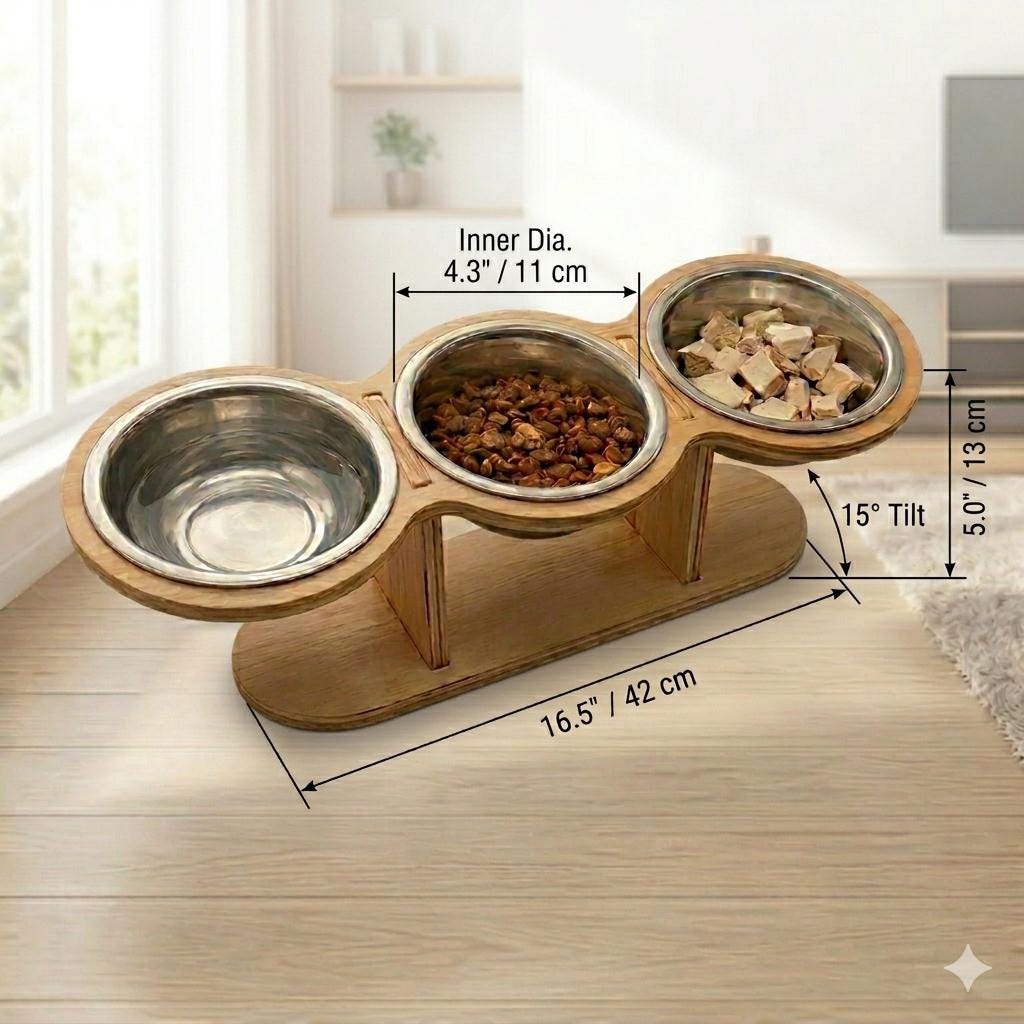 Elevated Triple Cat Bowl with Wooden Stand |3 Stainless Steel Bowls - Image 2