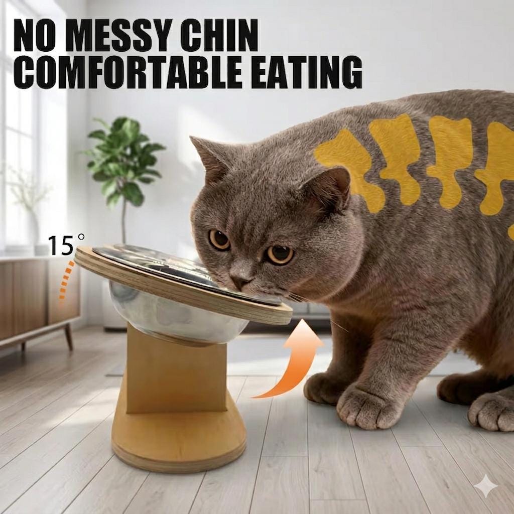 Elevated Triple Cat Bowl with Wooden Stand |3 Stainless Steel Bowls - Image 4