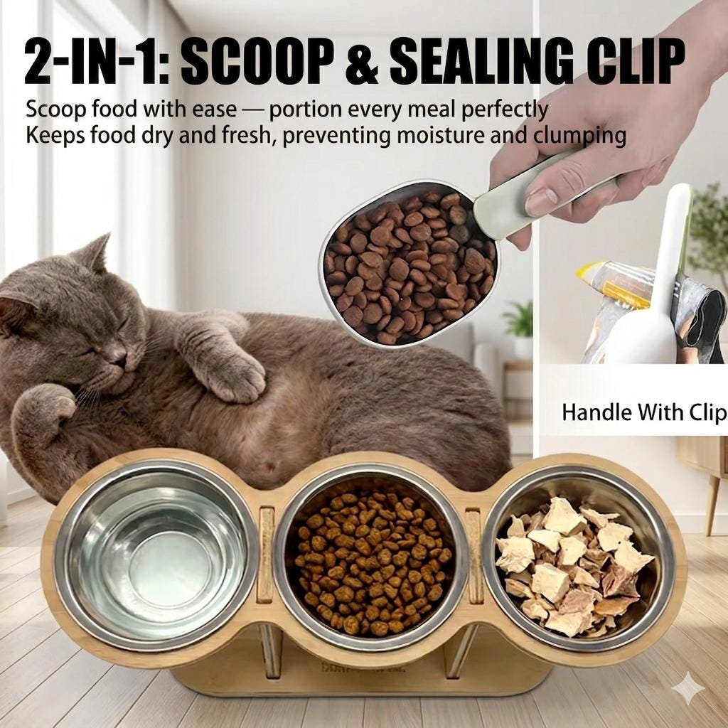 Elevated Triple Cat Bowl with Wooden Stand |3 Stainless Steel Bowls - Image 5