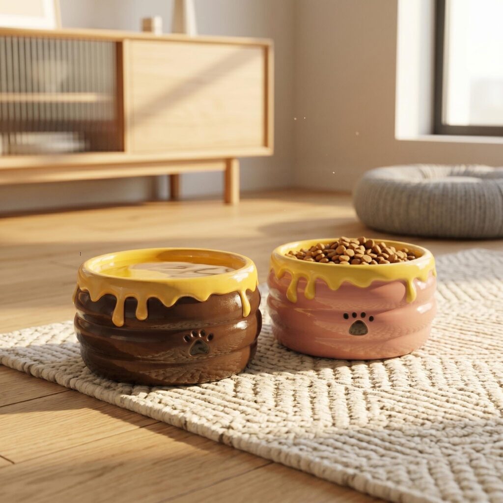 Bee Hive Ceramic Cat Bowl, Elevated Pet Feeder, Whisker Friendly Dish